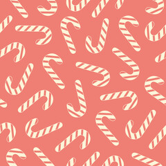 Poster - Retro minimal seamless pattern with christmas sweets on a red background. Monochrome print. Trendy vector illustration in style 60s, 70s
