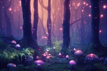 Magical Fantasy Forest With Mushrooms Illustration