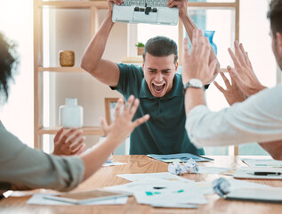 Angry, businessman and laptop smash on table in meeting after failure, glitch or error. Stress, burnout or rage of furious ceo breaking computer after suffering financial loss with workers in office.