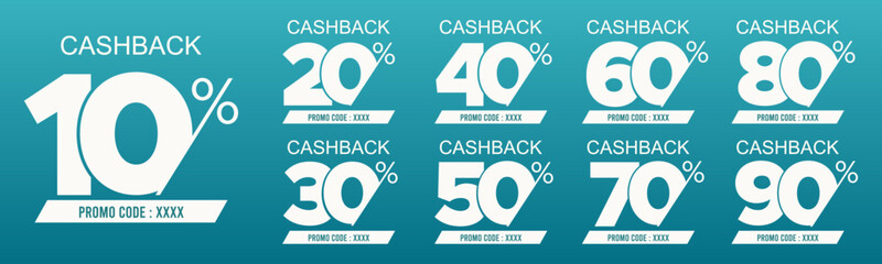 10%, 20%, 30%, 40%, 50%, 60%, 70%, 80%, 90% Cashback. Sale tags set vector badges template. Sale offer price sign. Special offer symbol. Discount promotion. Discount badge shape. Vector design