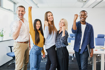 win success concept group of diverse people celebrating startup business achievement together
