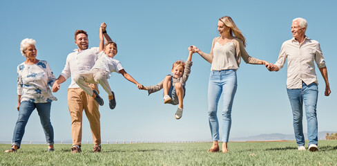 Poster - Lift, happy family and summer walk in a field, play and fun in nature together, smile and laugh. Parents, kids and grandparents love enjoying conversation or family time, smile and hold hands outdoor