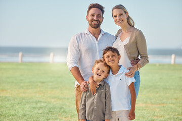 travel, happy family and beach portrait while on vacation in florida, relax and bonding outdoors tog