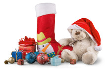 Christmas Stocking With Small Presents And Teddy Bear