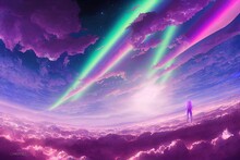 A Girl Stands In The Clouds And Looks At The Northern Lights, Anime Style Illustration