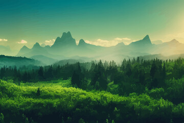 Wall Mural - green mountains with spruce forest around nature