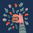 Cartoon vector illustration of female hands holding delicious beef burger