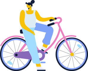 Woman, gilr riding bicycle flat illustration