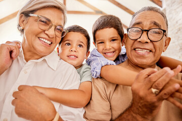 Poster - Grandparents, hug and children together at a house with happiness, family love and child care. Portrait of happy elderly people with kids smiling, bonding and spending quality time at a family home