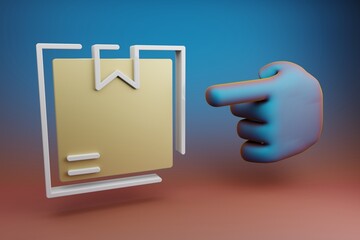 Fototapete - Beautiful illustrations abstract Hand index finger points to Delivery Search symbol icon on a multicolor bright background. 3d rendering illustration. Background pattern for design.