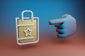 Aufkleber - Beautiful illustrations abstract Hand index finger points to Shopping Bag And Star symbol icon on a multicolor bright background. 3d rendering illustration. Background pattern for design.