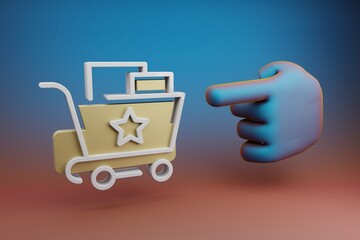 Aufkleber - Beautiful illustrations abstract Hand index finger points to Shopping Cart And Star symbol icon on a multicolor bright background. 3d rendering illustration. Background pattern for design.