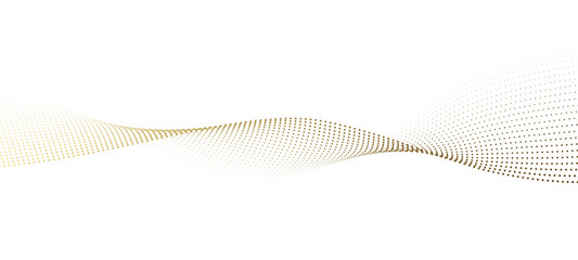 Abstract dot particles wavy flowing curve pattern by gold gradient color on transparent background in concept of luxury, technology, science, music, modern.