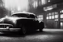 Monochrome Film Detective Illustration With Vintage Cars, Black And White Noir Detective
