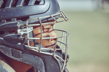 Poster - Baseball, sport and helmet with a sports man on a grass pitch or field during a game for exercise or fitness. Workout, training and competition with a male athlete playing sport at an outdoor event