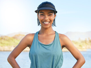 Poster - Lake, sport and fitness portrait of woman ready for outdoor activity in the sunshine with smile. Healthy, wellness and nature girl excited for workout with visor for summer sports in Mexico.