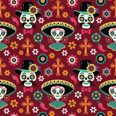 Day Off The Dead pattern. Vector cartoon seamless pattern with Mexican mariachi skull in sombrero, surrounded by guitars, flame and maracas. Isolated on black background