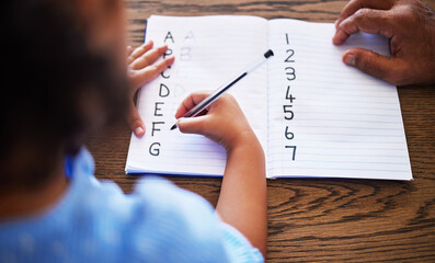 Aufkleber - Teacher, learning and child hands writing in book with tutor for education, alphabet and maths. Knowledge, teaching and student with homework book for studying lesson at desk with top view.