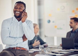 Sticker - Black man, meeting and smartphone for call, planning and doing strategy for startup company brainstorming at desk. Business male, entrepreneur and mobile conversation for collaboration and workplace