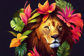 Wall Mural - Close-up portrait of Lion king in tropical flowers and leaves. Picturesque portrait Wildlife animal. Digital illustration