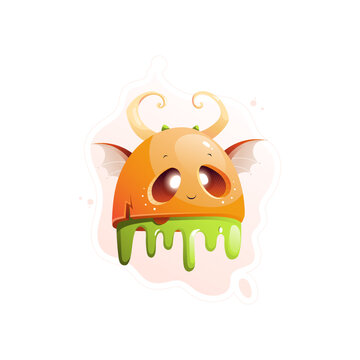 Yellow cute flying monster with glowing eyes and green slime - Vector Illustration