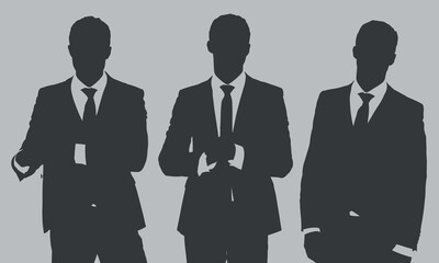 Wall Mural - Dark gray silhouettes portrait of three businessmen posing on gray background, flat line vector and illustration.