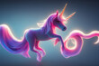 A beautiful toy unicorn with rainbow pink main isolated, light coming behind it, magical background