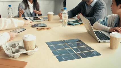 Poster - Business people, interior design and meeting with technology in boardroom discussion or planning at office. Creative team in company sample strategy, collaboration and working on corporate project