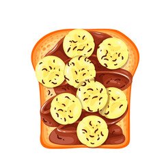 Wall Mural - Banana toast vector illustration. Cartoon isolated toasted bread with chocolate spread or peanut butter and banana slices, top view of sweet fruit sandwich for breakfast at home or in restaurant