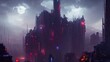 Fantasy gloomy cyberpunk city of future. Futurism, huge buildings, glowing lights of the metropolis. City of the technology, twilight. 3d illustration
