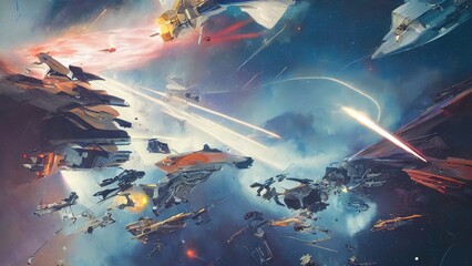 Wall Mural - Space battle of spaceships and battle cruisers, laser shots sparks and explosions. Space fighters are attacking a military base. 3d illustration