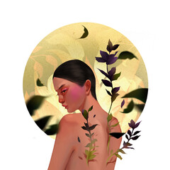 Woman surrounding by nature, plants growing, facing back, circle cutout, oriental illustration, transparent background