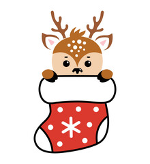 Wall Mural - Baby Deer looks out of the sock. Cute christmas illustration with reindeer.