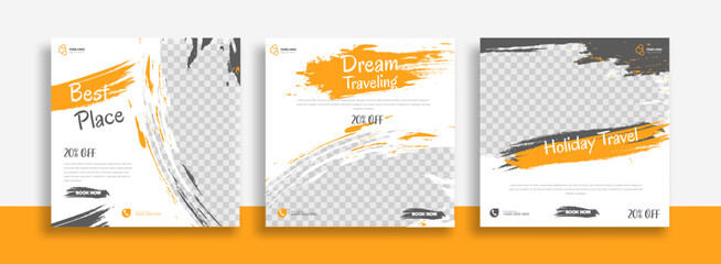 Wall Mural - Travel Set of Editable minimal square banner template. black yellow white background color with geometric shapes for social media post, story and web internet ads. Vector illustration