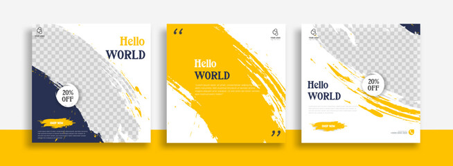 travel set of editable minimal square banner template. black yellow white background color with geom