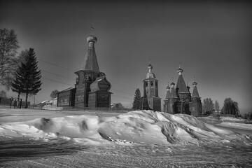 Wall Mural - wooden church in the Russian north landscape in winter, architecture historical religion Christianity