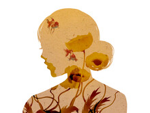 Woman Silhouette With Flowers And Golden Fish, Surrealistic Painting, Transparent Background, Warm Colors, Fall, Autumn, Summer, Cutout, Oriental Illustration