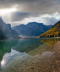 Wall Mural - autumn peaceful alpine lake braies or pragser wildsee. fanes-sennes-prags national park, south tyrol