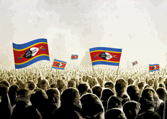 Crowd with the flags of Swaziland, people cheering national team of Swaziland. Ai generated illustration of crowd.