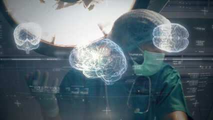 Aufkleber - Futuristic biomedical concept of a doctor using advance holographic scanning a patient's brain neuron pathology and diagnostic scan