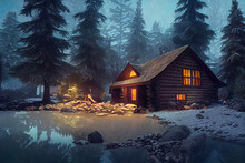 Log Cabin In Winter Forest
