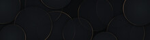 Luxury Circular Abstract Black Metal Background With Golden Light Lines. Dark Geometric Texture Illustration. Bright Circles Pattern. Pure Black Horizontal Banner Wallpaper. Carbon Elegant Striped BG