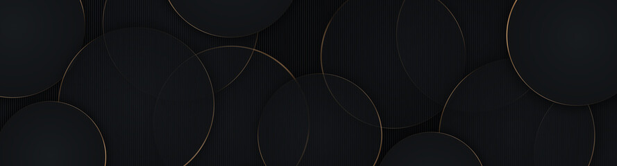 Wall Mural - luxury circular abstract black metal background with golden light lines. dark geometric texture illu