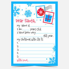 Christmas letter to Santa Claus pattern ready to print with winter holidays decorations, snowflakes, gift box and Christmas ball. Postcard to fill with a message and wish list and send it to Santa.