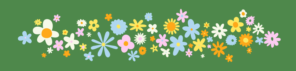 Wall Mural - Trendy floral print banner illustration. vintage 70s style flowers on isolated background. Colorful pastel color groovy artwork, garden nature with spring plants.