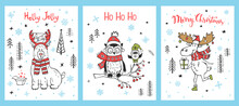 Merry Ho Ho Ho And Christmas, Holly Jolly Fun Xmas Greeting Cards Set Templates With Cute Cartoon Polar Bear, Owl, Moose Deer, Scandinavian Style Vector Illustration