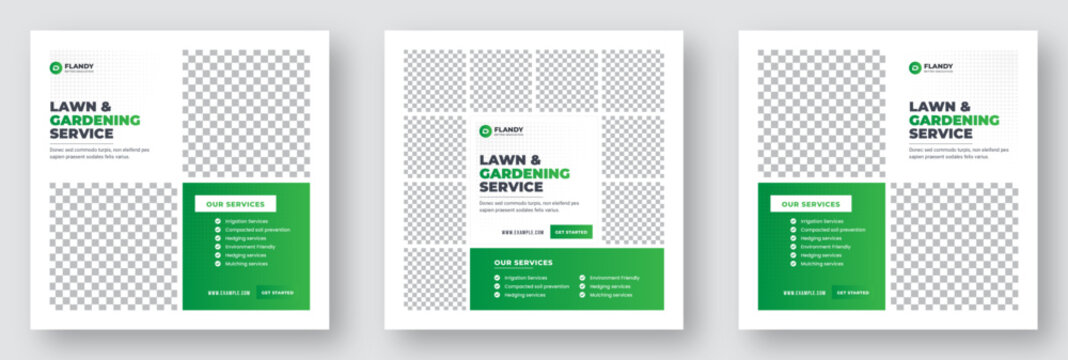 Agriculture and Farming service social media post and web banner template. Lawn and Gardening service social media template. Lawn Mower Garden or Landscaping service social media post in green layouts