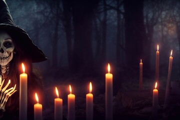 Wall Mural - Computer generated 3D illustration of a Halloween witch figure with skeletal features surrounded by candles against a dark gloomy background. A.I. generated art.
