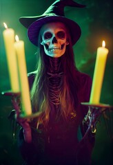 Wall Mural - Computer generated 3D illustration of a Halloween witch figure with skeletal features surrounded by candles against a dark gloomy background. A.I. generated art.
