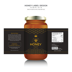 Honey bee black label design with bottle mock up file jar label honey food label creative minimal design template.